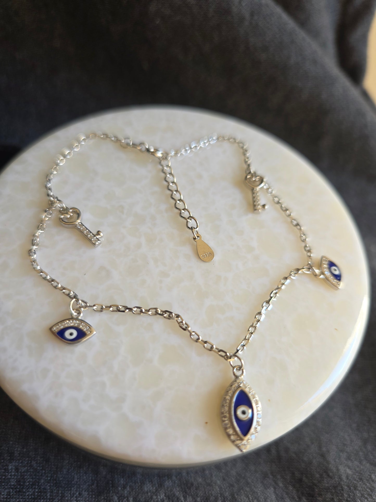 925 Sterling Silver Evil Eye Key Anklet