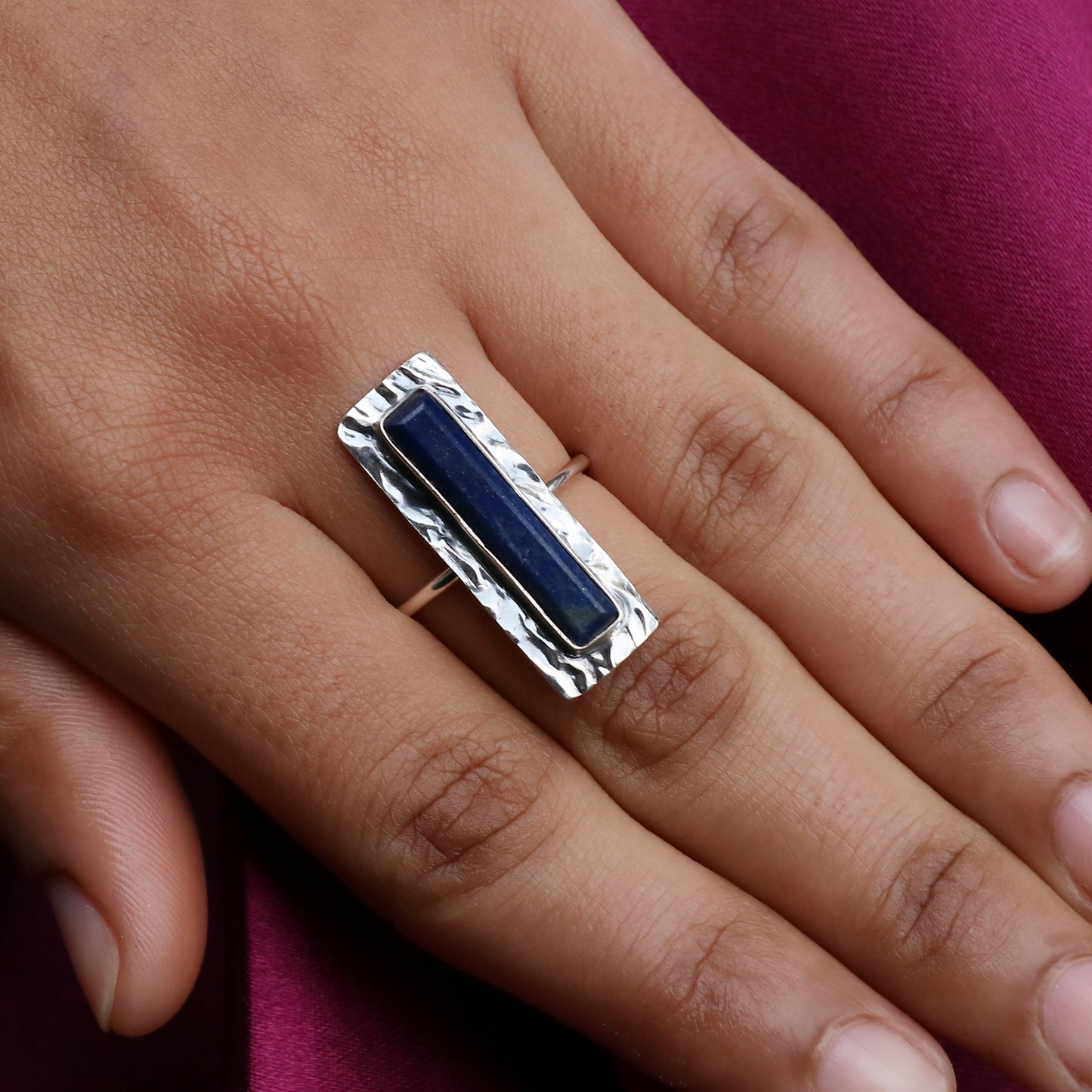 925 Sterling Silver Lapis Lazuli Hammered Bezel Jewelry Set