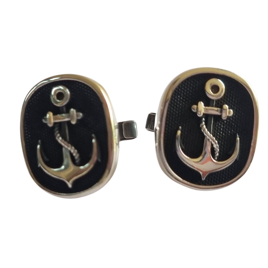 925 Sterling Silver Black Anchor Signet Cufflink for men