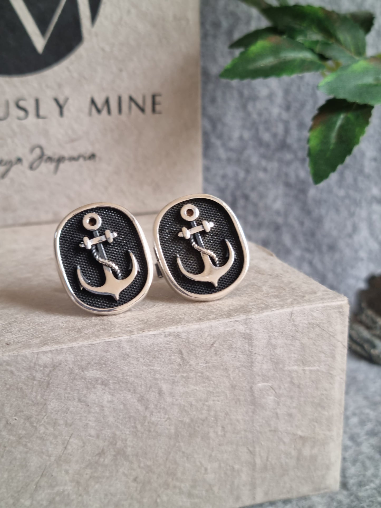 925 Sterling Silver Black Anchor Signet Cufflink for men