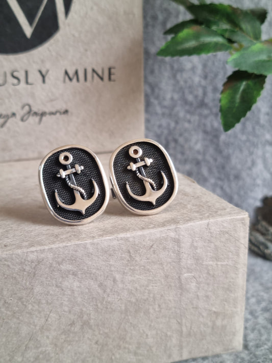 925 Sterling Silver Black Anchor Signet Cufflink for men