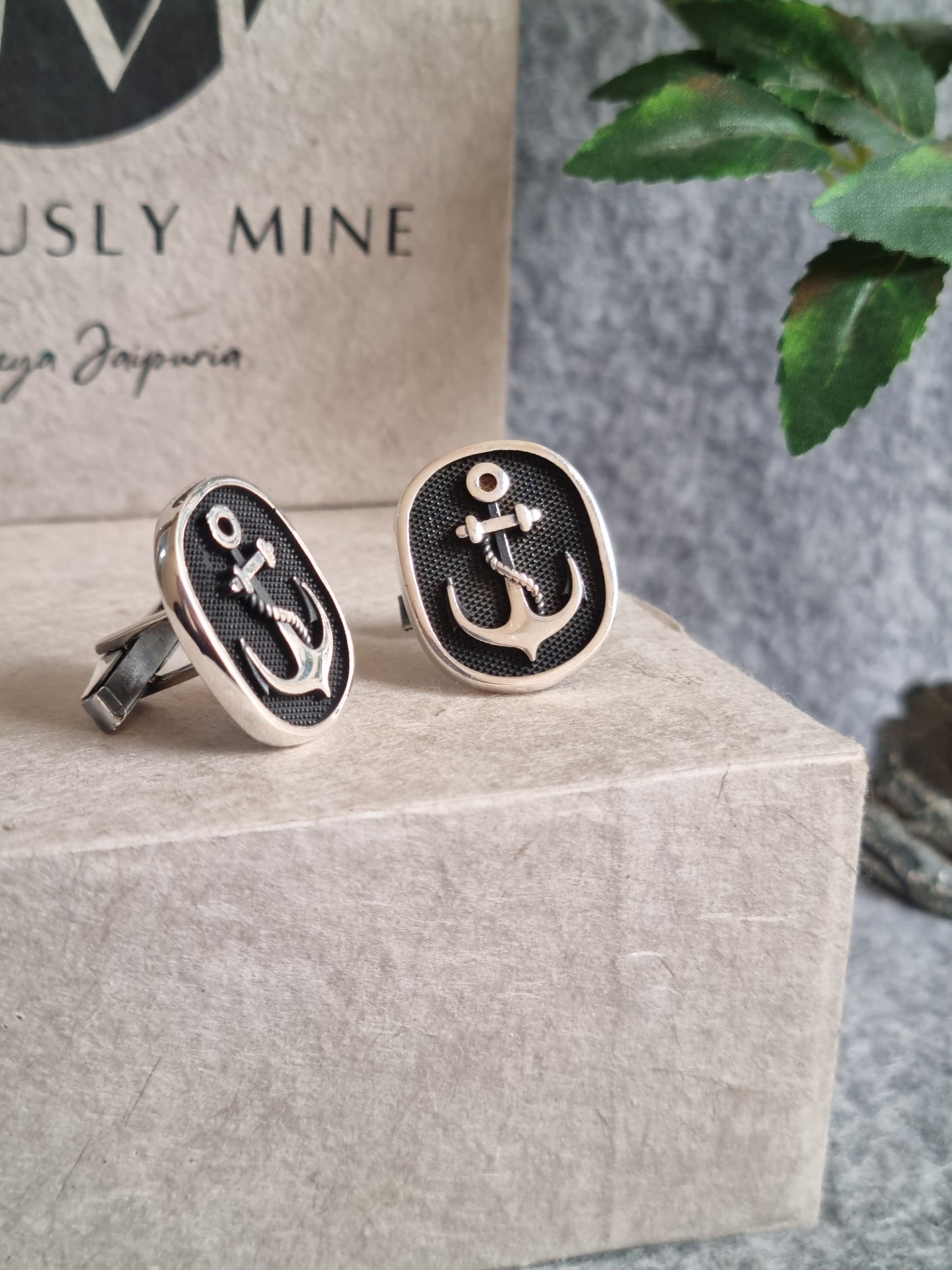 925 Sterling Silver Black Anchor Signet Cufflink for men