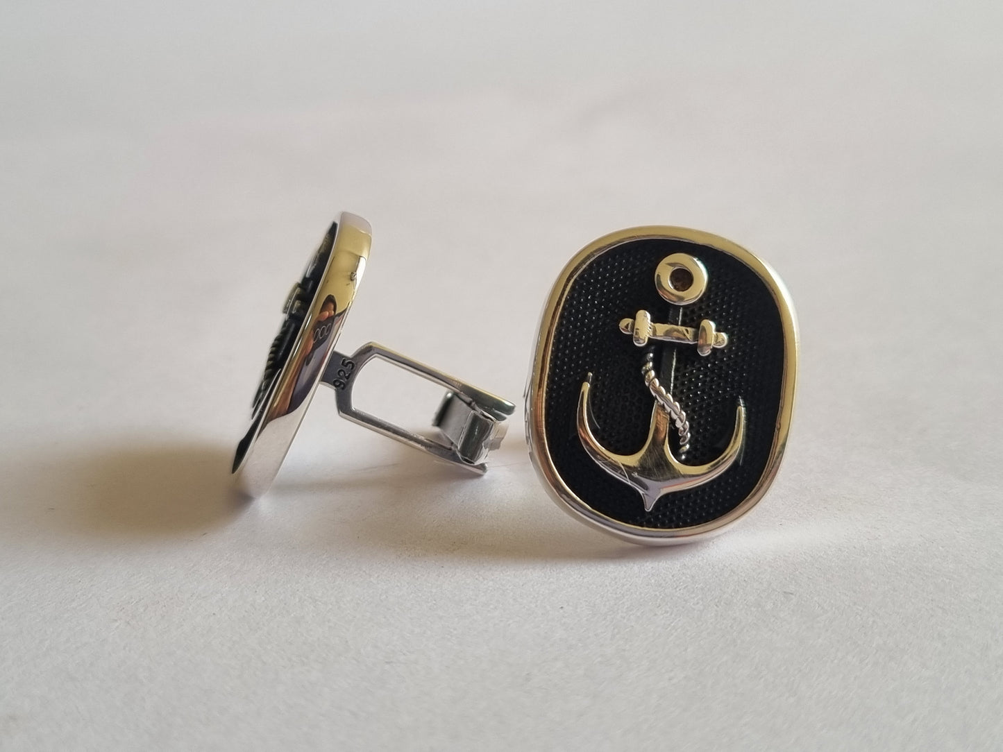 925 Sterling Silver Black Anchor Signet Cufflink for men