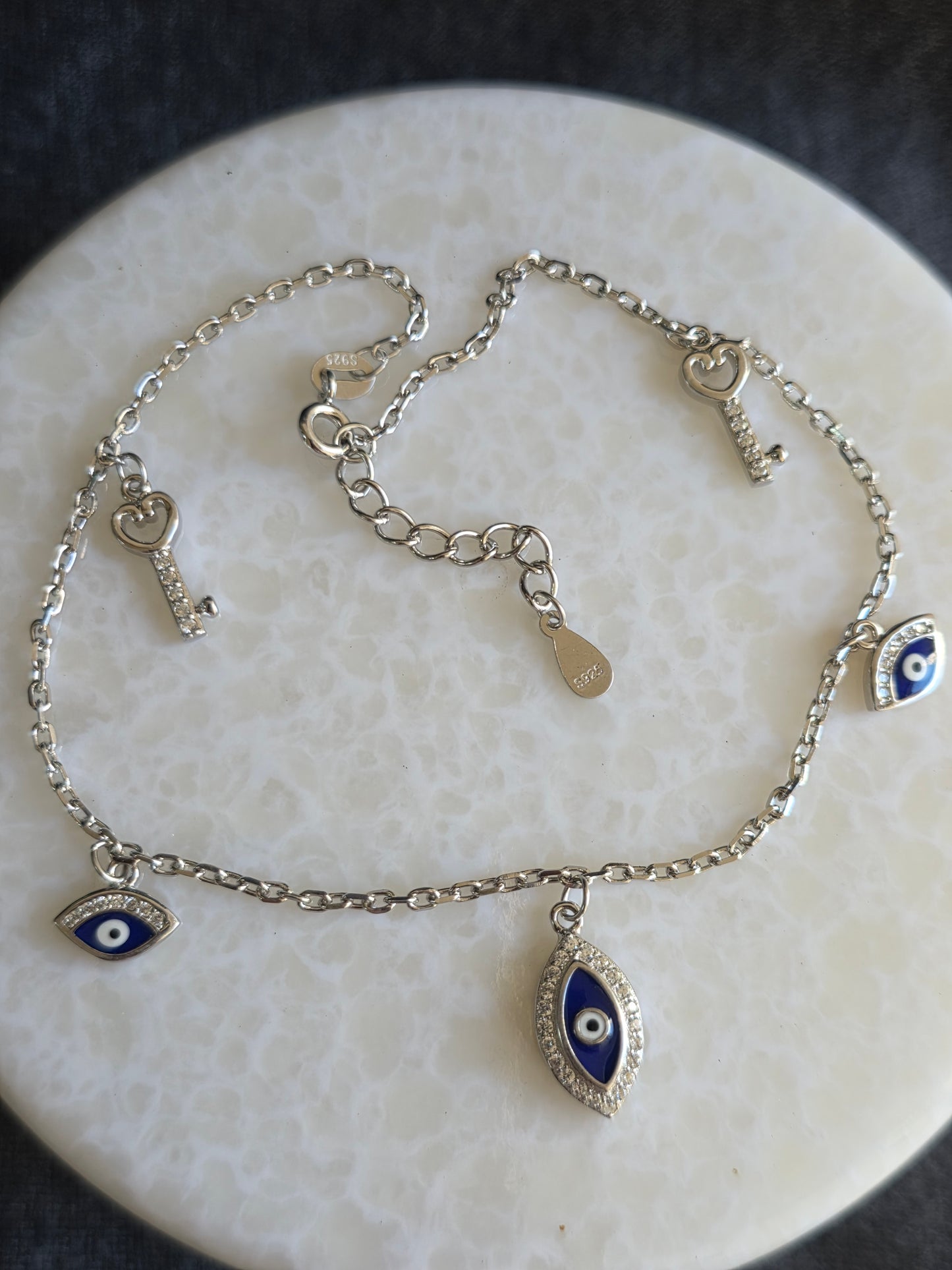 925 Sterling Silver Evil Eye Key Anklet