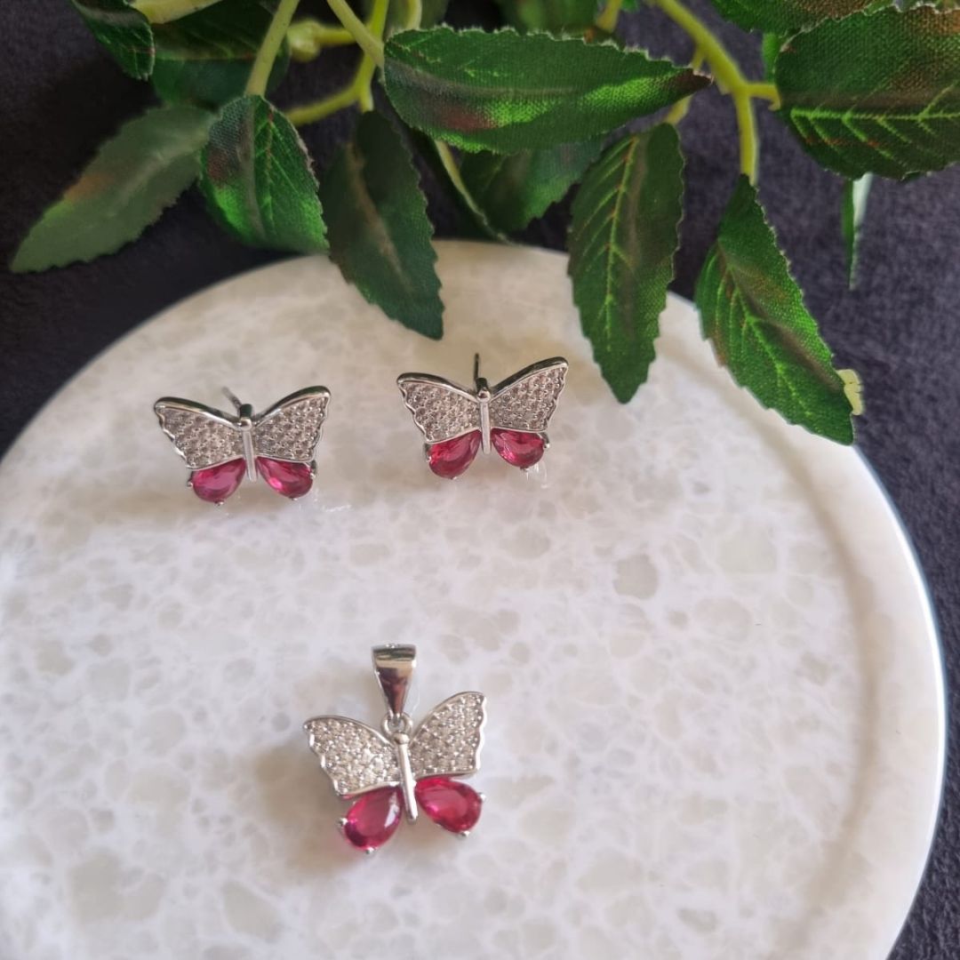 925 Sterling Silver Ruby Butterfly Jewelry Set