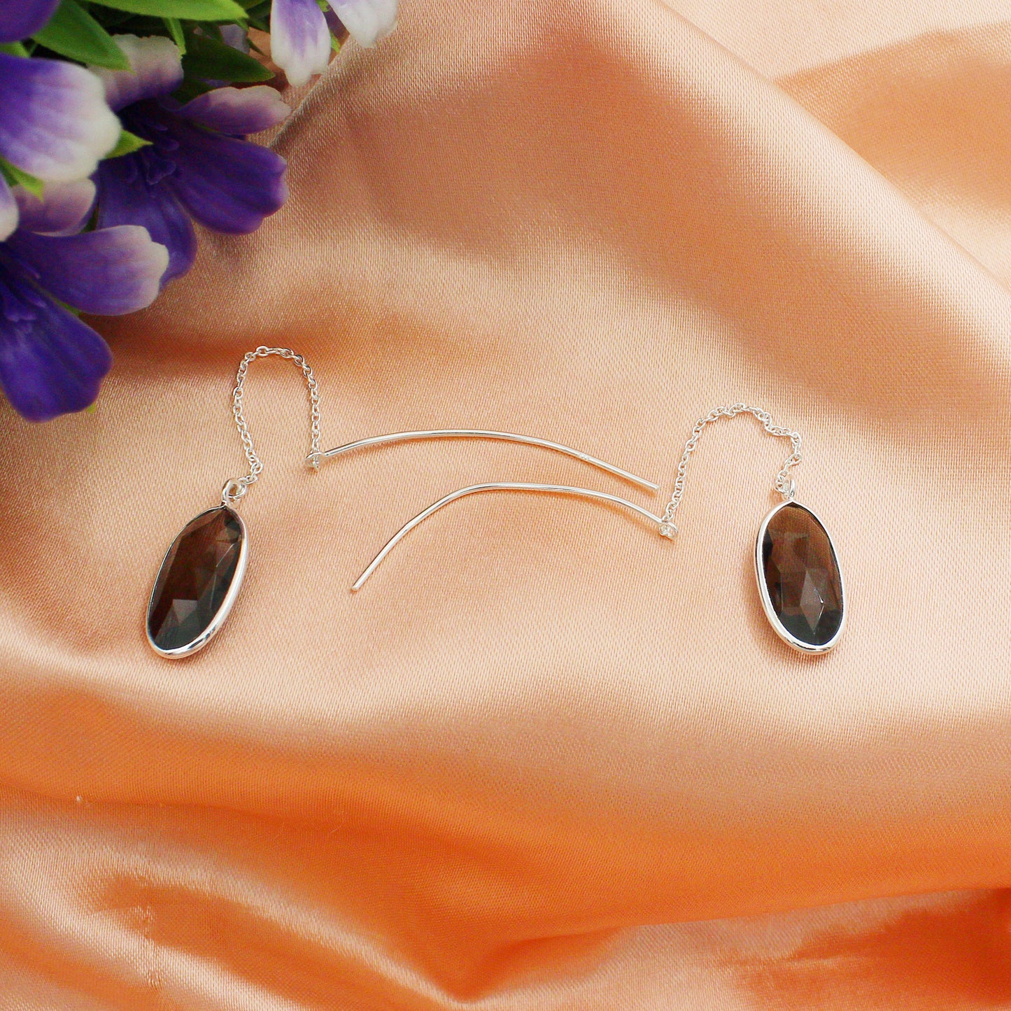 925 Sterling Silver Smoky Topaz Threader Earring