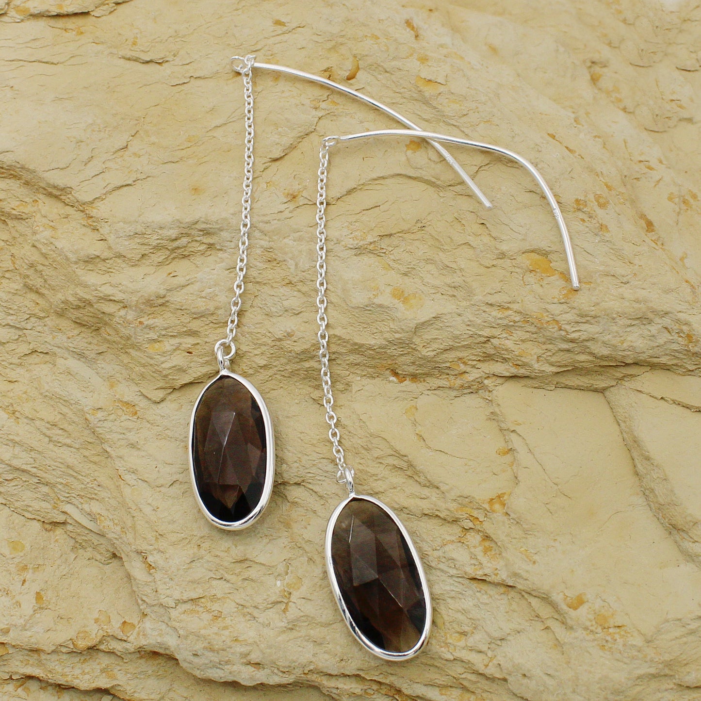 925 Sterling Silver Smoky Topaz Threader Earring