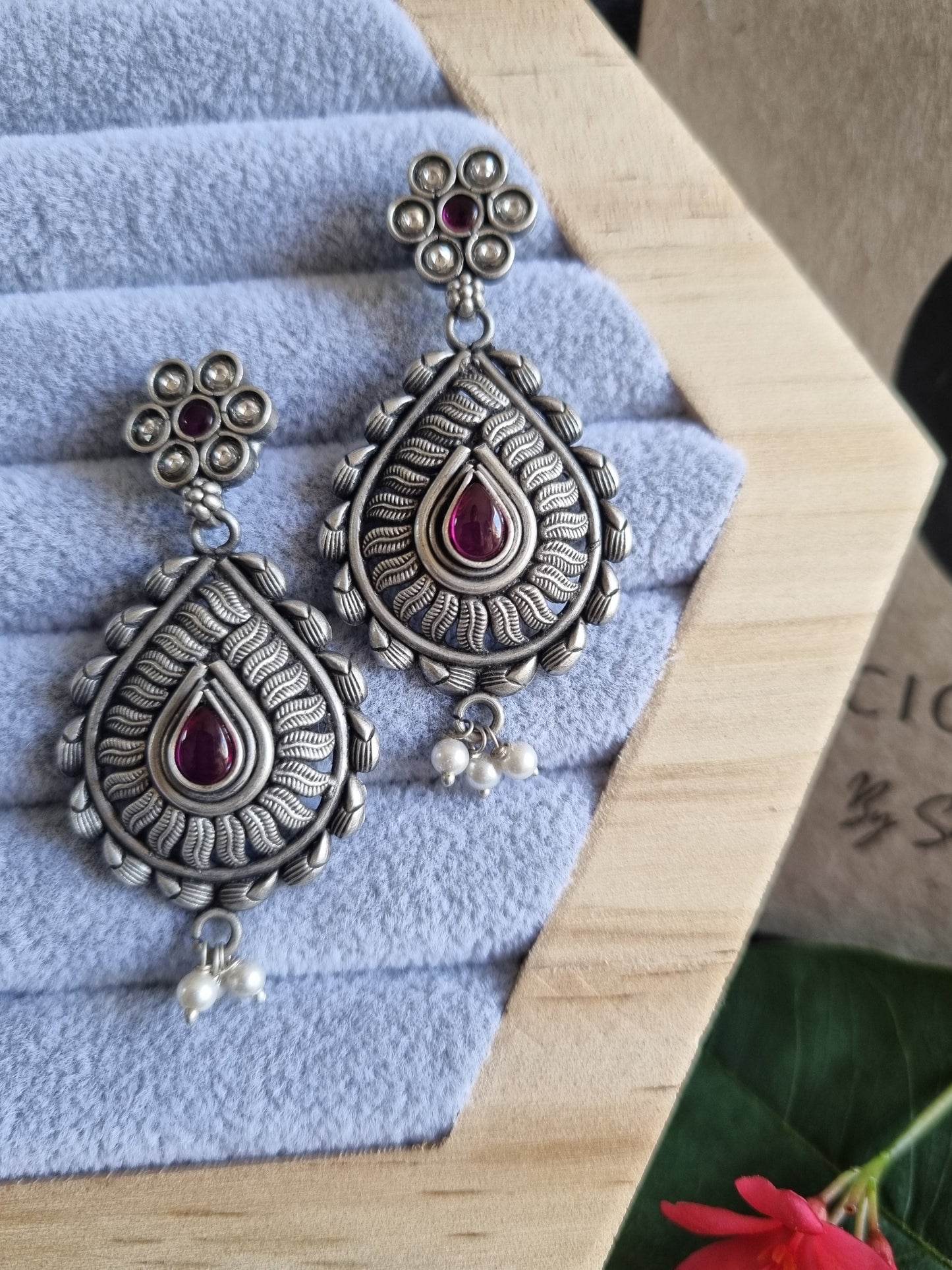 925 Sterling Silver Ruby Oxidixed Teardrop Dangler Earrings for women