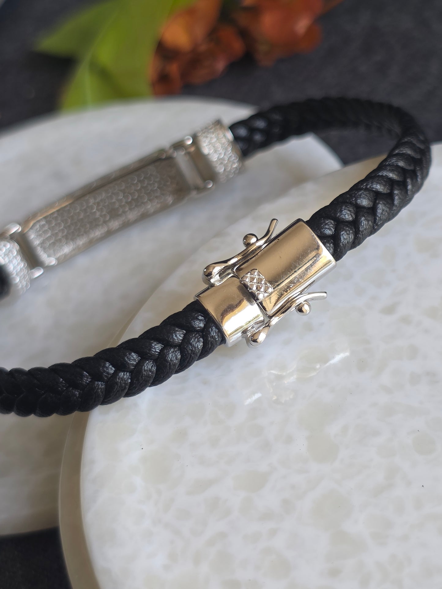 925 Sterling Silver Mens Leather Bracelet