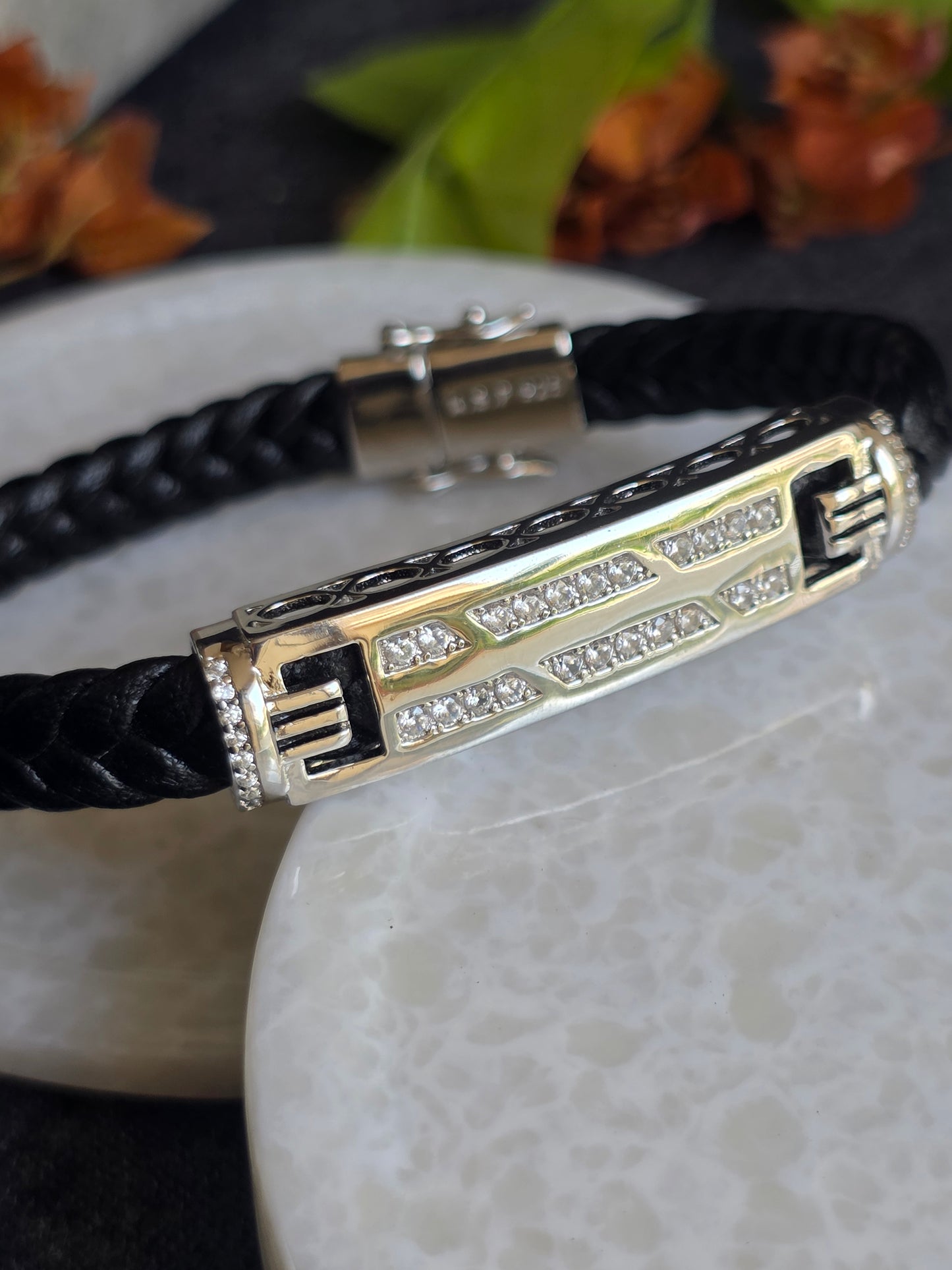 925 Sterling Silver Mens Leather Bracelet