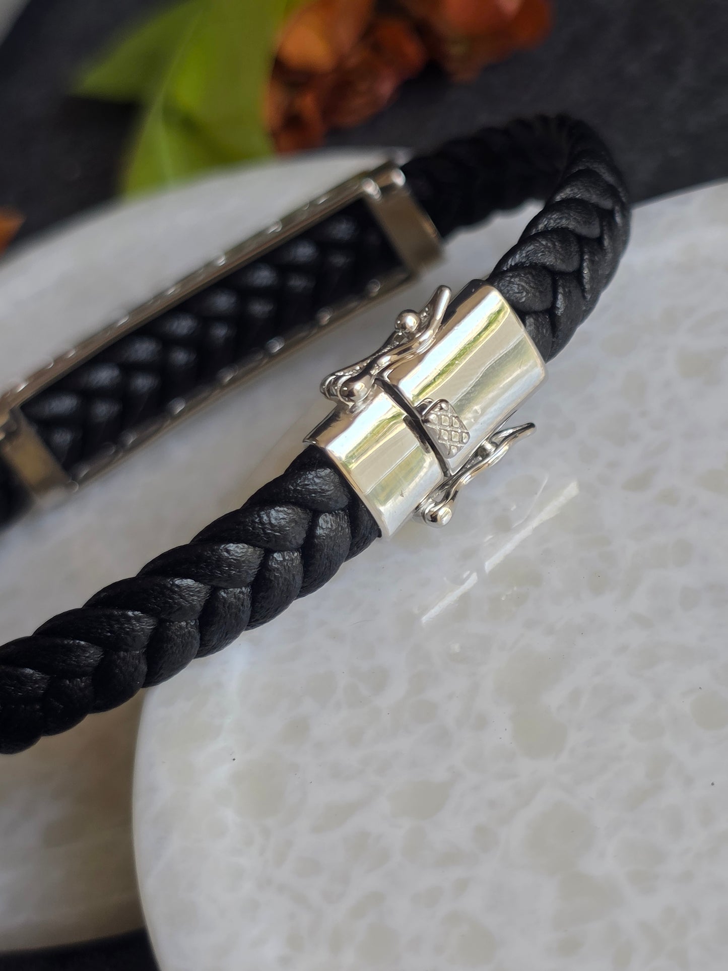 925 Sterling Silver Mens Leather Bracelet