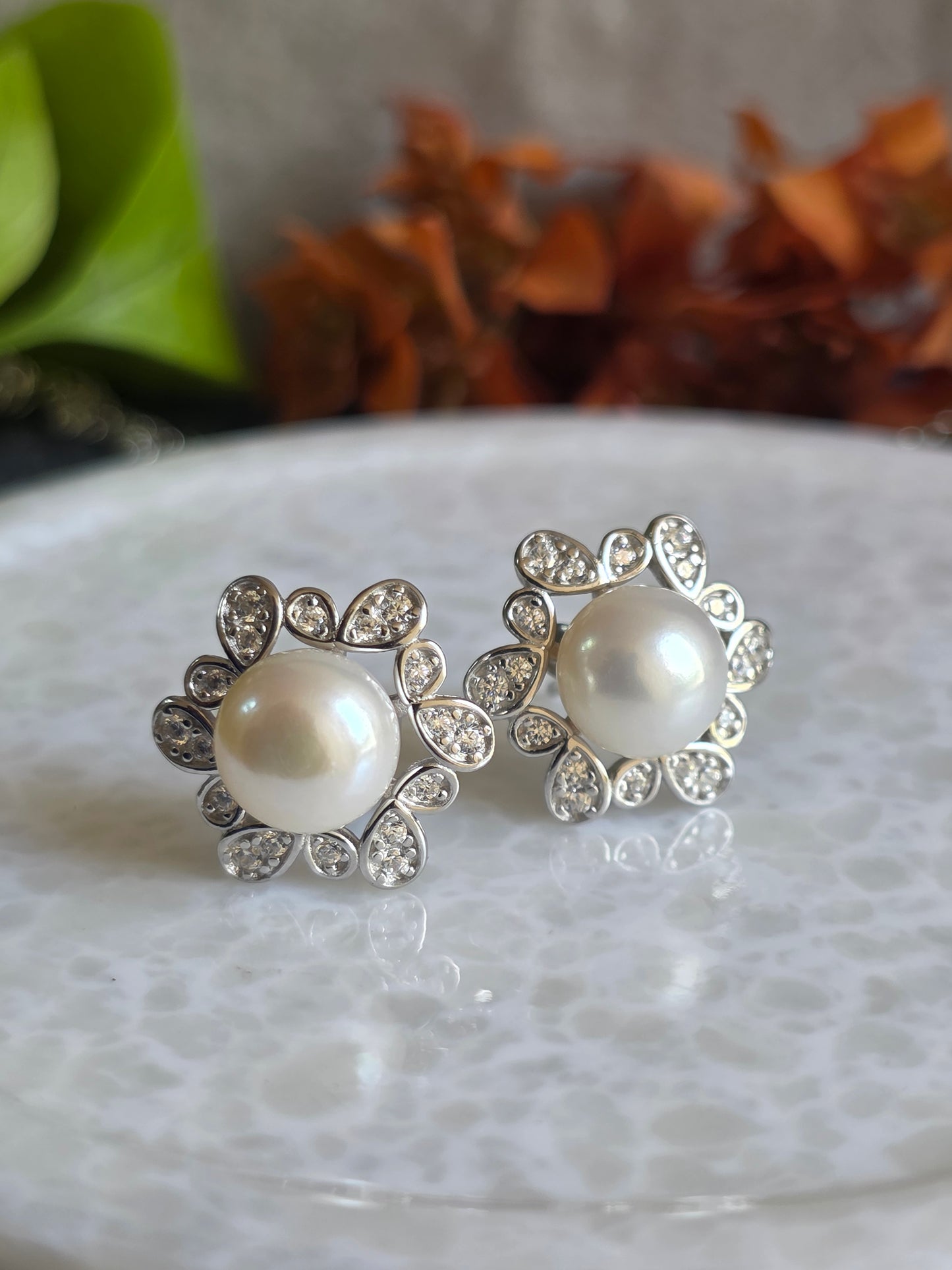 Preciously Mine 925 Sterling Silver CZ Pearl Flower Jewelry Set