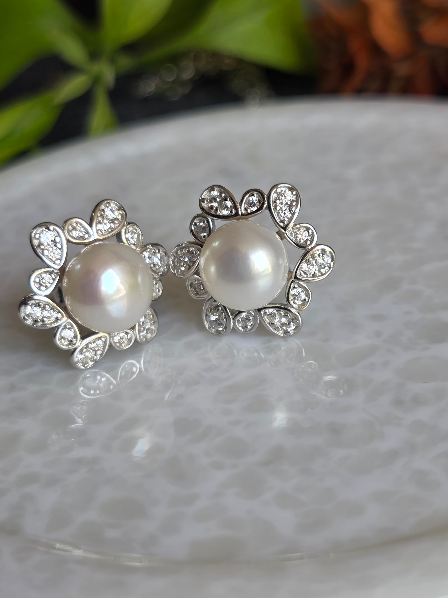 Preciously Mine 925 Sterling Silver CZ Pearl Flower Jewelry Set