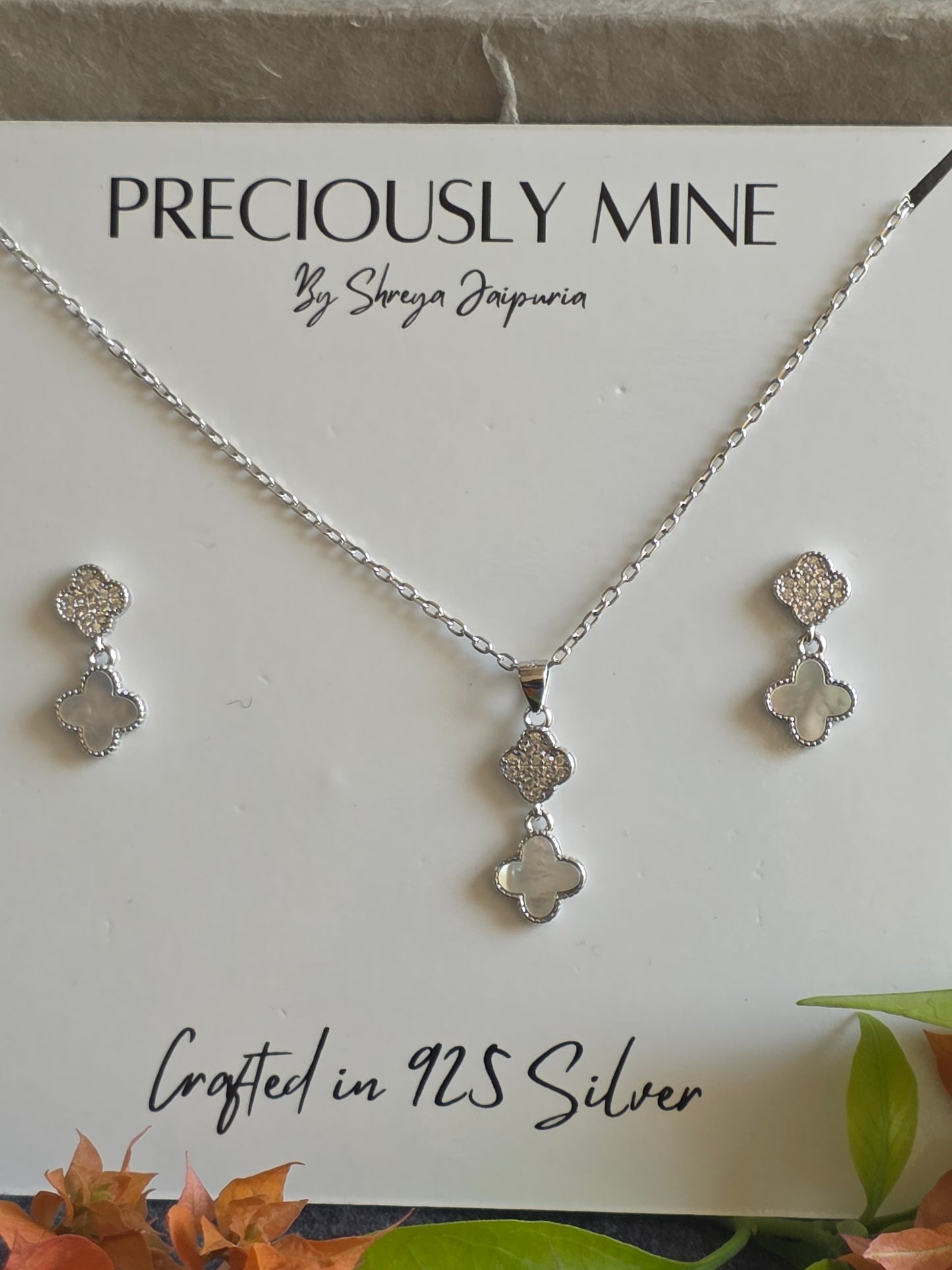 Preciously Mine 925 Sterling Silver Mother Of Pearl With CZ Clover Jewelry Set