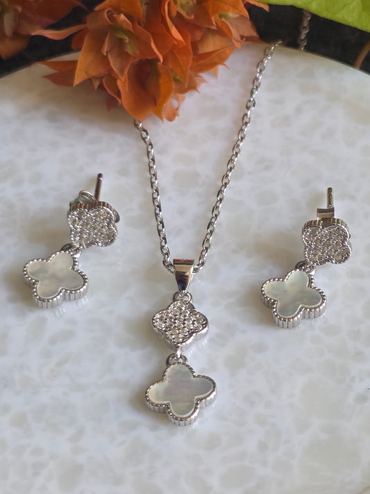 Preciously Mine 925 Sterling Silver Mother Of Pearl With CZ Clover Jewelry Set