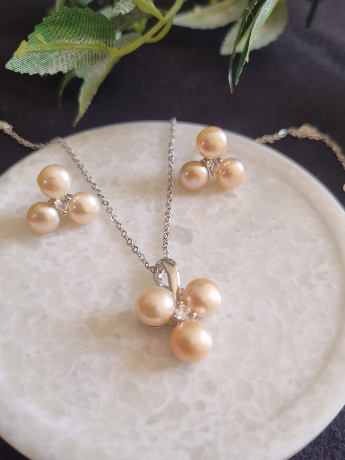 925 Sterling Silver Natural Triple Pearl Jewelry Set