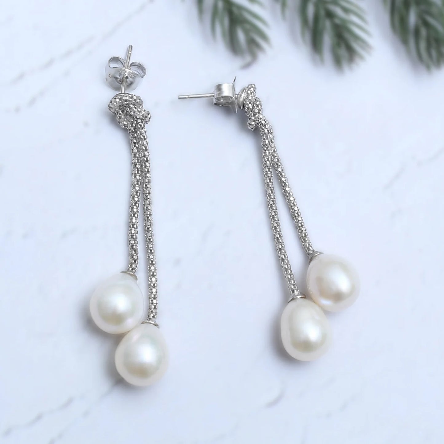 Preciously Mine 925 Sterling Silver Knotted Dangling Pearls Necklace Set