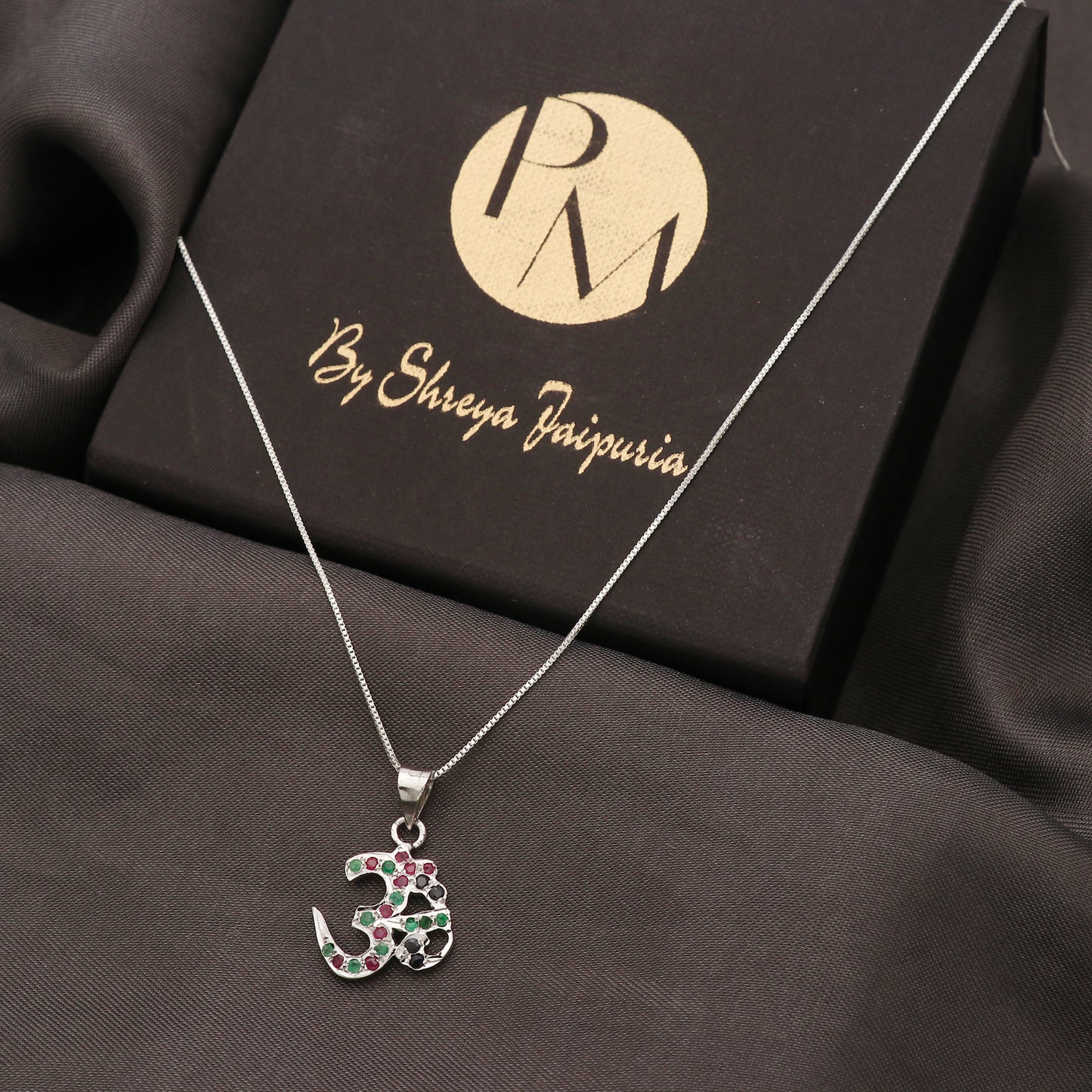 925 Sterling Silver Multiple Stone Filigree Engraved Om Pendant