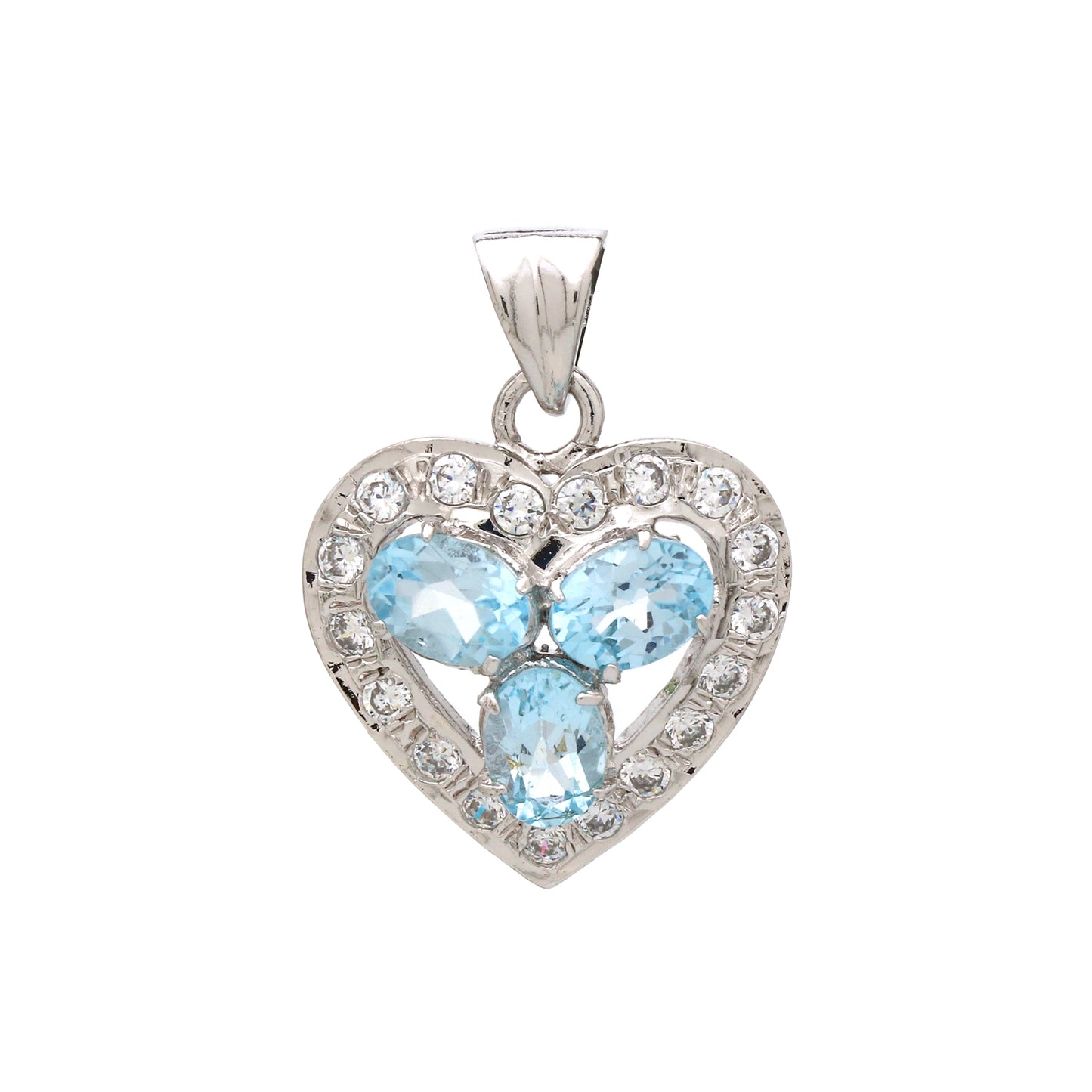 925 Sterling Silver Three Blue Topaz Oval Heart Shape Pendant