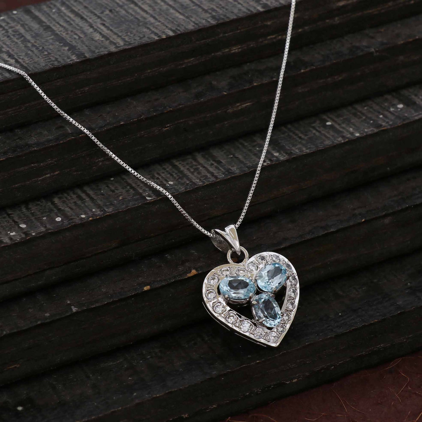 925 Sterling Silver Three Blue Topaz Oval Heart Shape Pendant