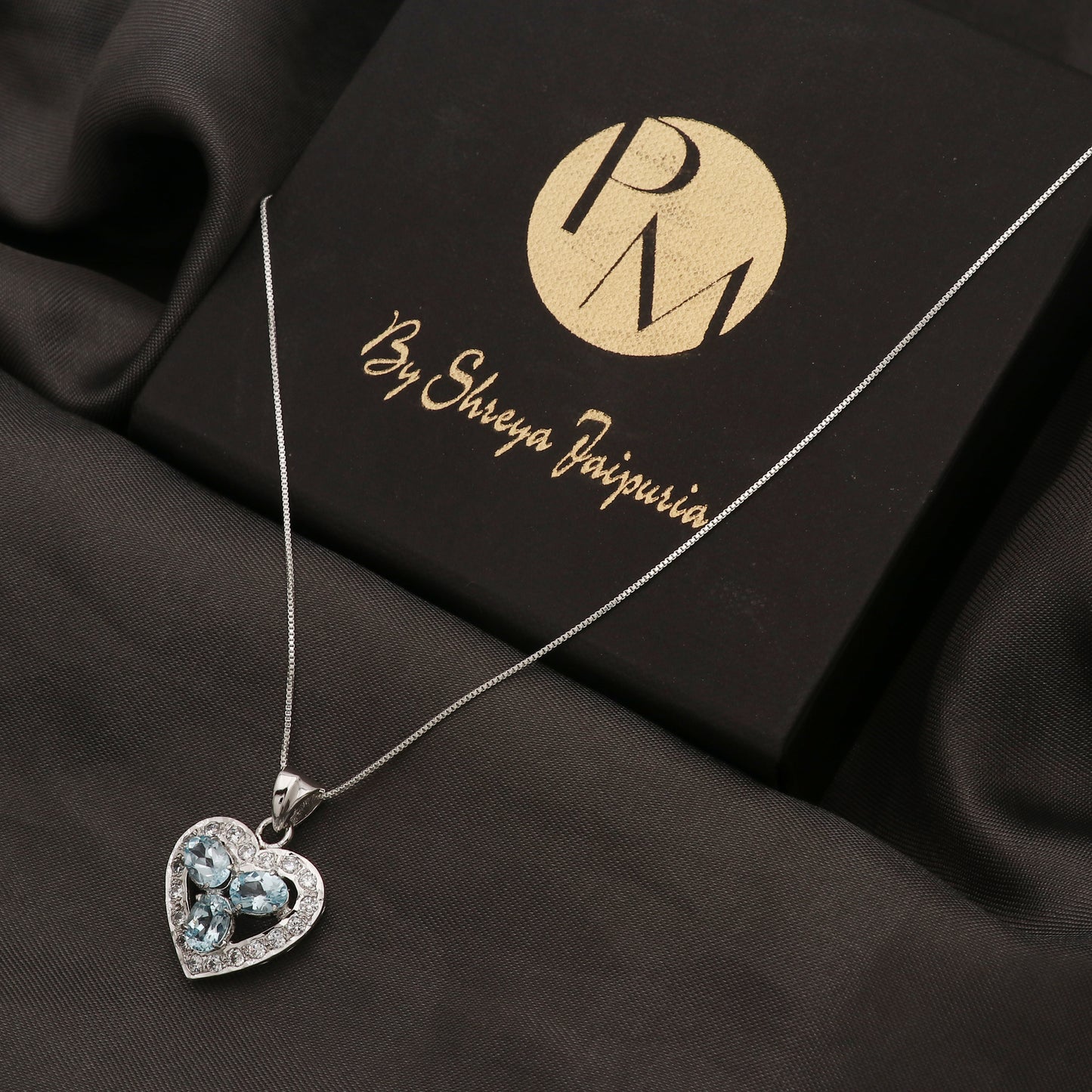 925 Sterling Silver Three Blue Topaz Oval Heart Shape Pendant