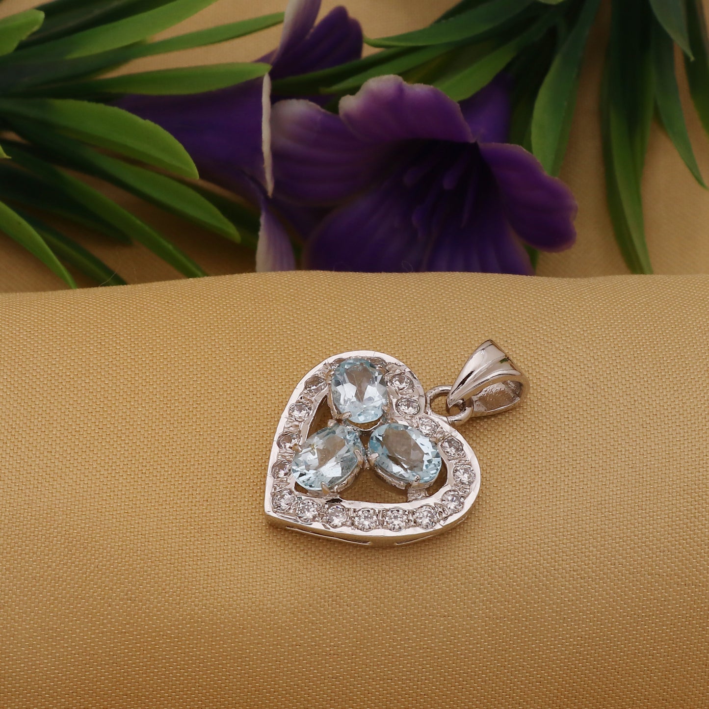 925 Sterling Silver Three Blue Topaz Oval Heart Shape Pendant