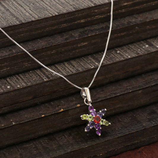 925 Sterling Silver Peridot Amethyst Garnet Flower Pendant