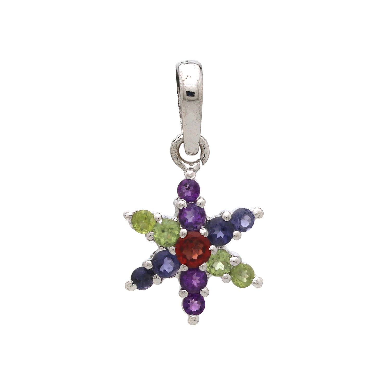 925 Sterling Silver Peridot Amethyst Garnet Flower Pendant