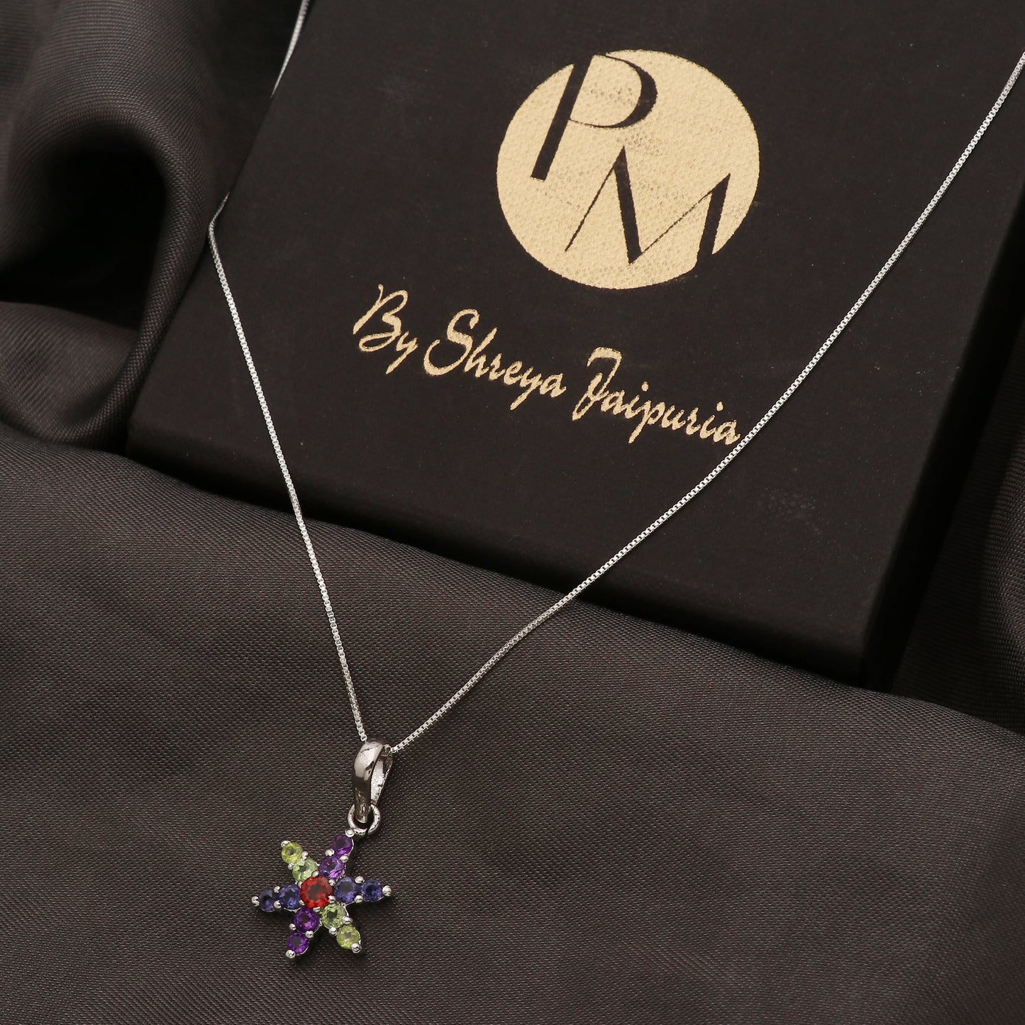 925 Sterling Silver Peridot Amethyst Garnet Flower Pendant