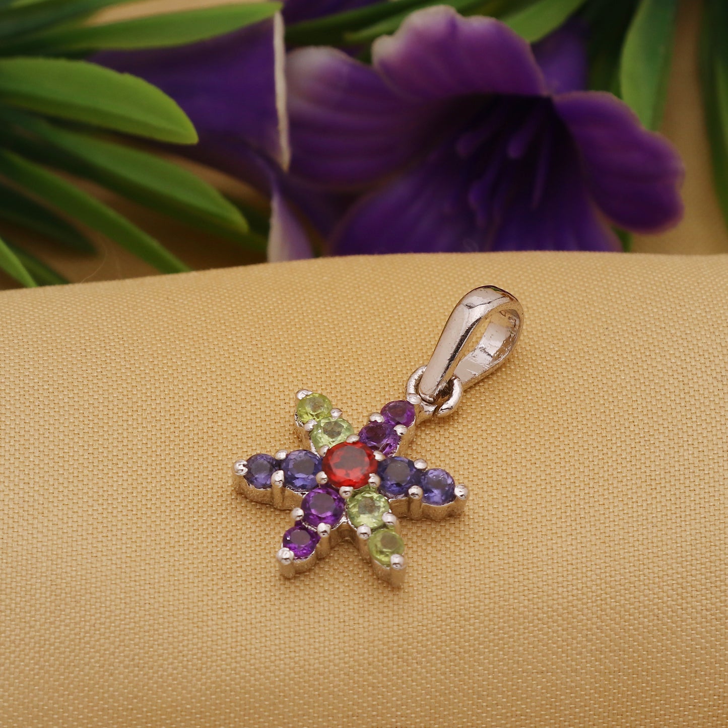925 Sterling Silver Peridot Amethyst Garnet Flower Pendant