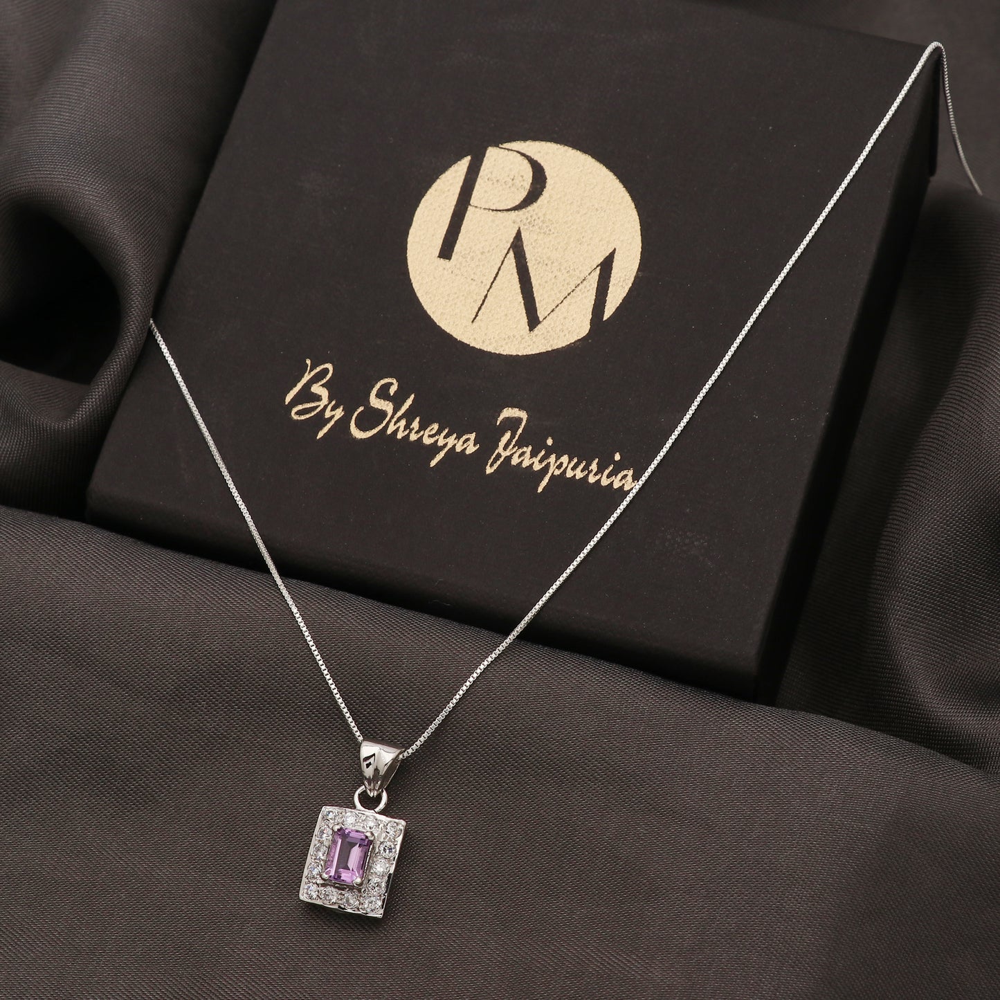 925 Sterling Silver Amethyst Square Pendant