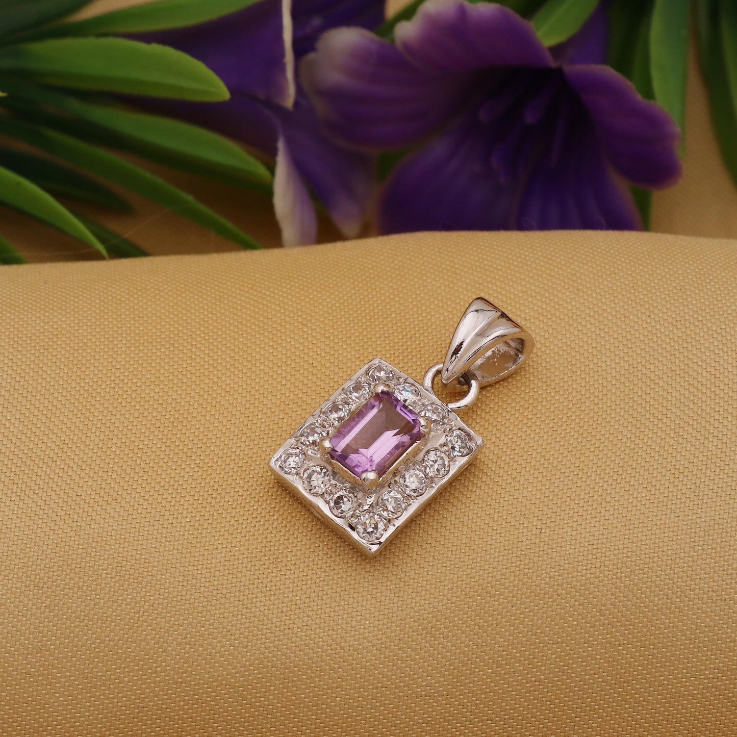 925 Sterling Silver Amethyst Square Pendant