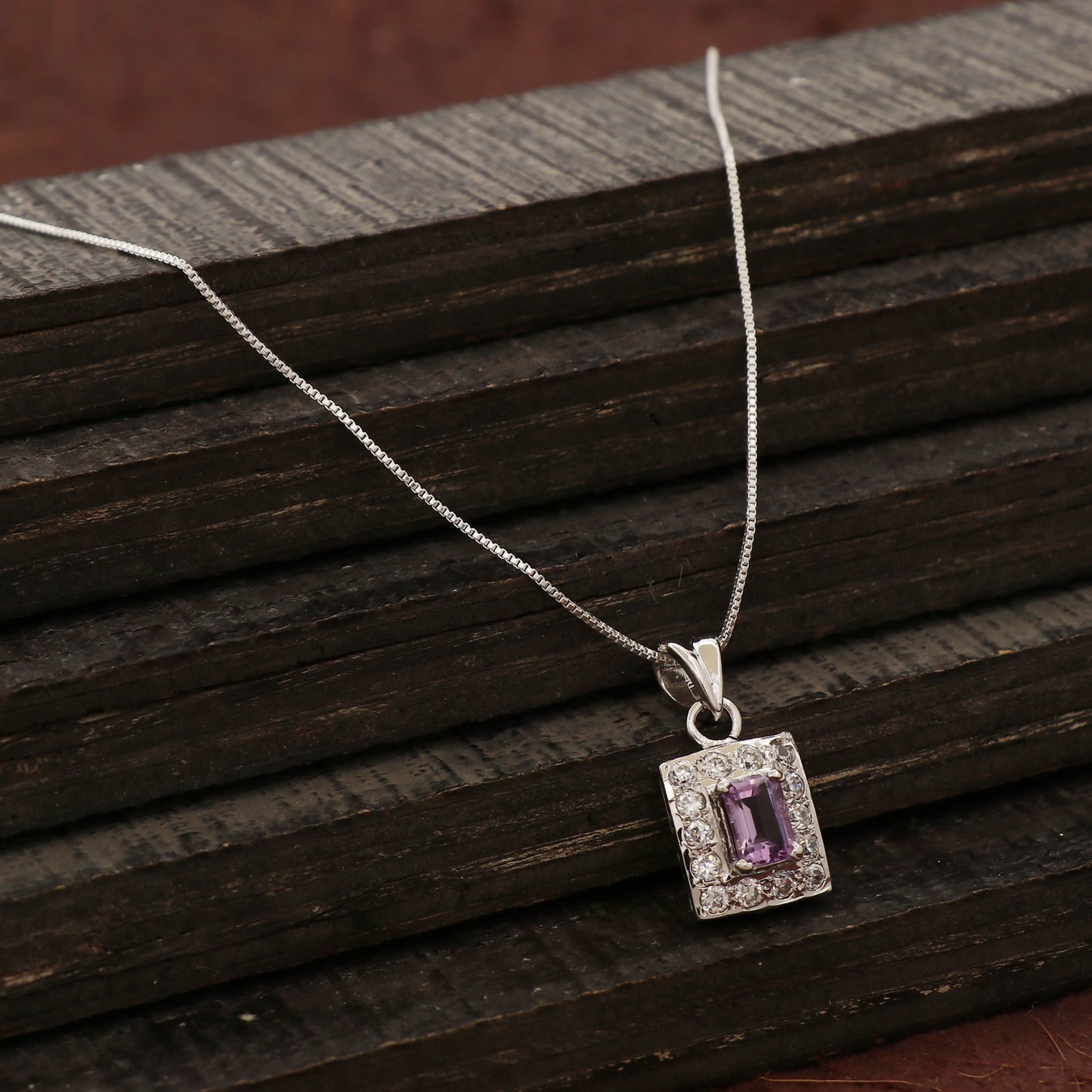 925 Sterling Silver Amethyst Square Pendant
