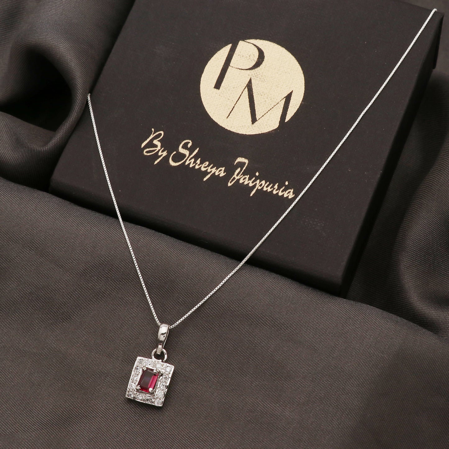 925 Sterling Silver Pink Tourmaline Square Pendant