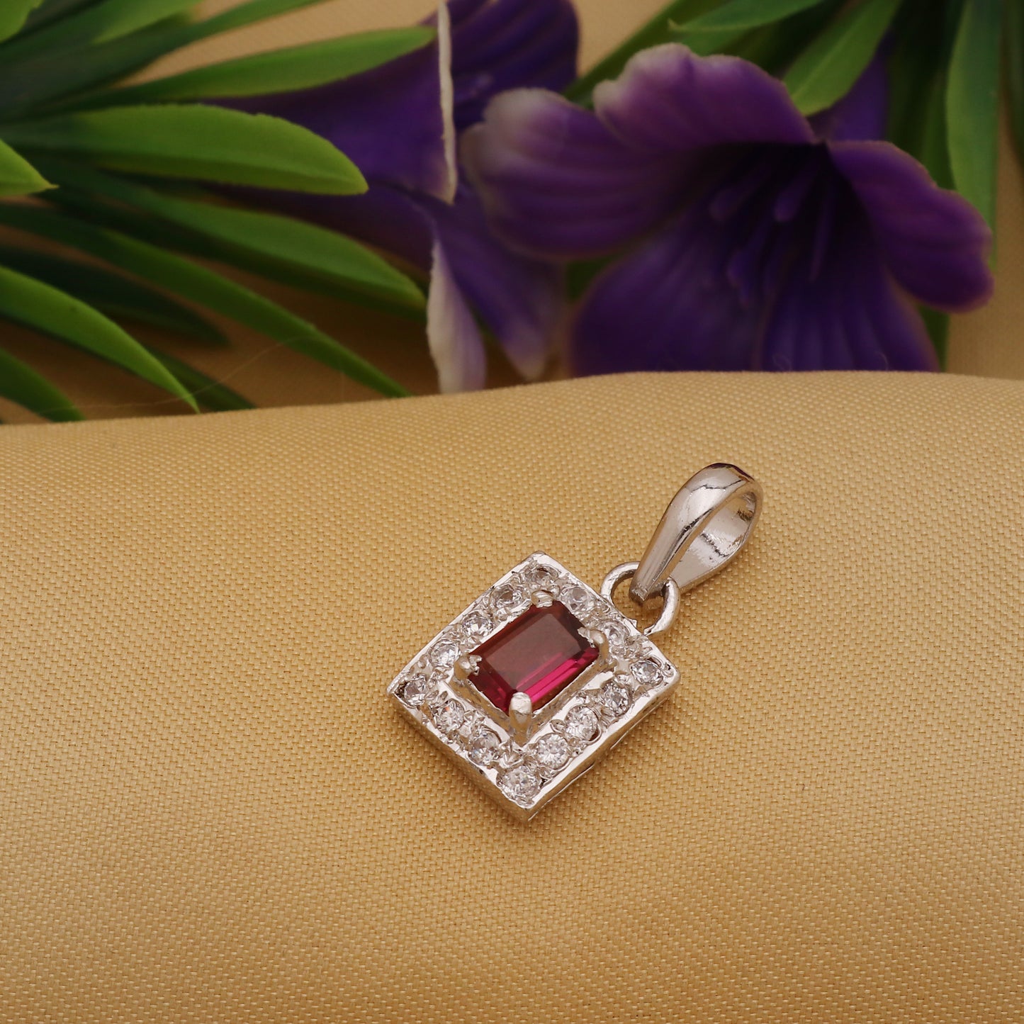 925 Sterling Silver Pink Tourmaline Square Pendant