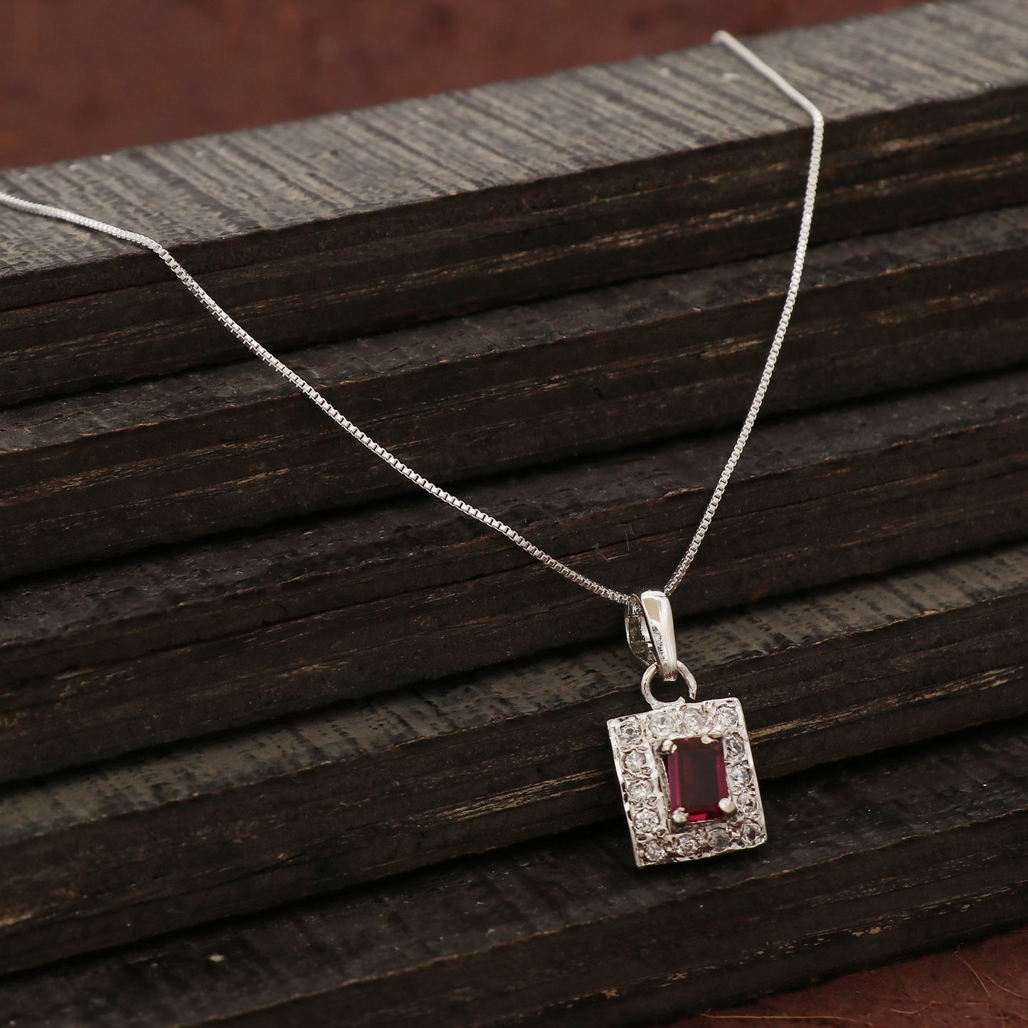 925 Sterling Silver Pink Tourmaline Square Pendant