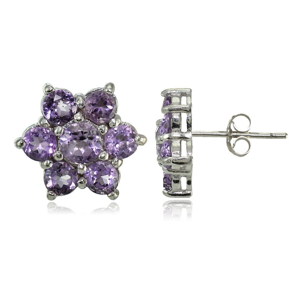 925 Sterling Silver Amethyst Flower Stud Earrings