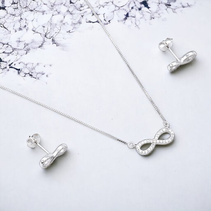 925 Sterling Silver CZ-Studded Infinty-Charm Pendant With Earring