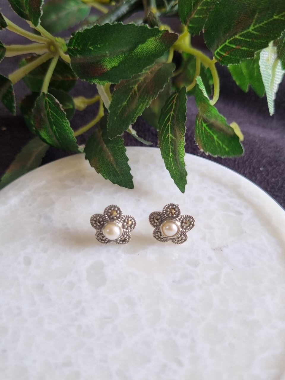 925 Sterling Silver Pearl Merchasite Stud Earring