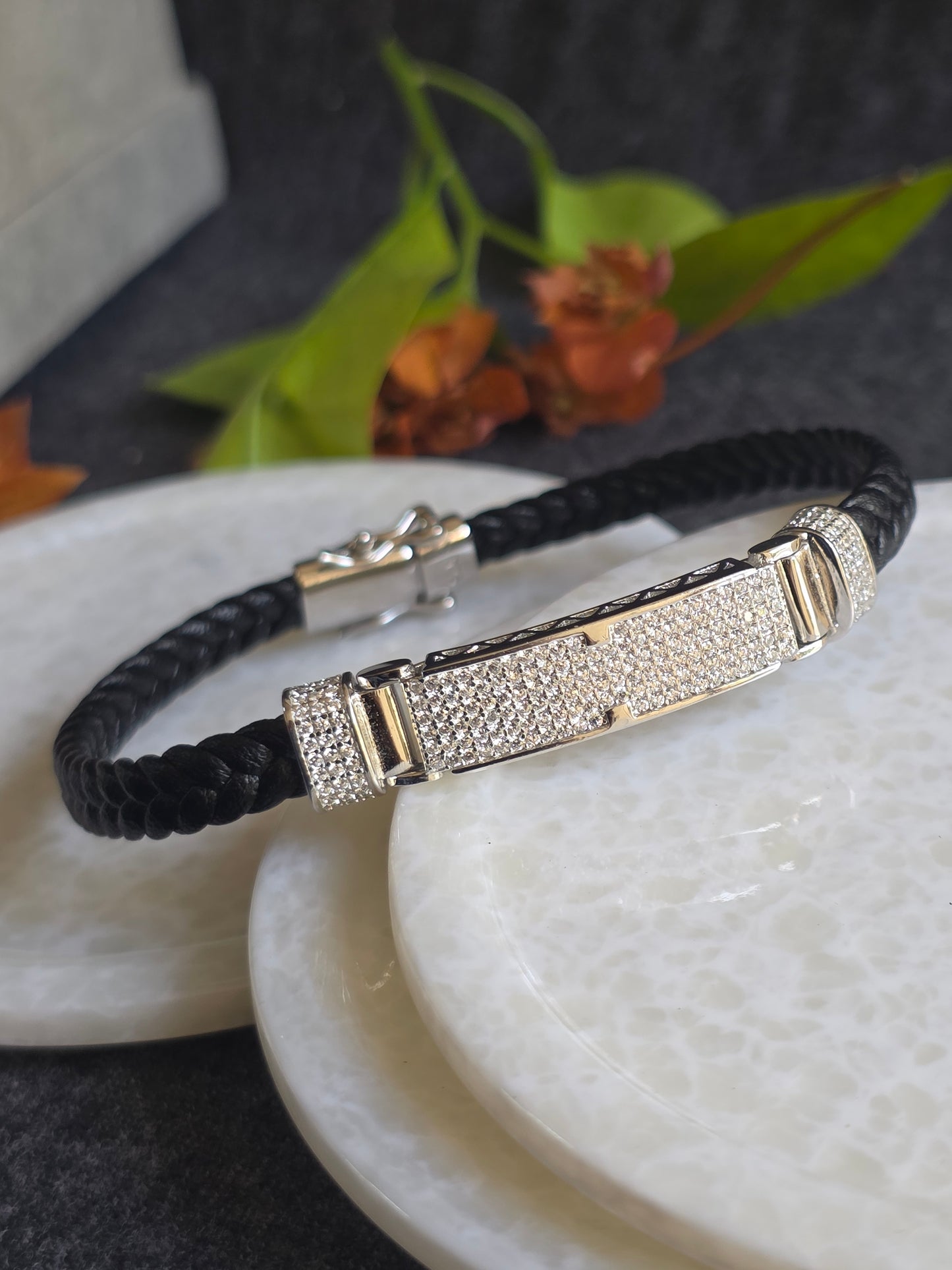 925 Sterling Silver Mens Leather Bracelet